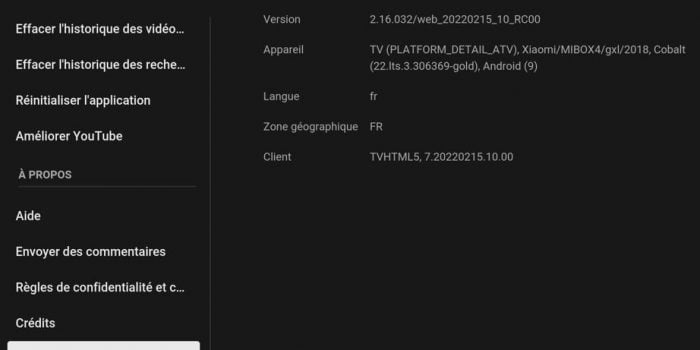 Capture d'écran de la mise à jour 2.16.032 de Youtube pour Android TV