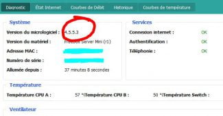 Capture d'écran sous Freebox OS de l'état d'une Freebox Mini 4K en version 4.5.5.3