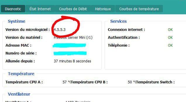 Capture d'écran sous Freebox OS de l'état d'une Freebox Mini 4K en version 4.5.5.3