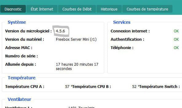 Capture d'écran sous Freebox OS de l'état d'une Freebox Mini 4K en version 4.5.6