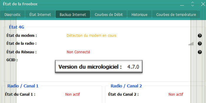 Capture d'écran sous Freebox OS de l'état d'une Freebox Mini 4K en version 4.7.0