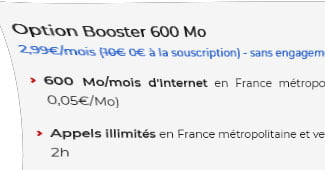 Capture d'écran de la nouvelle page de souscription à l'option Booster 600 Mo sans frais d'activation