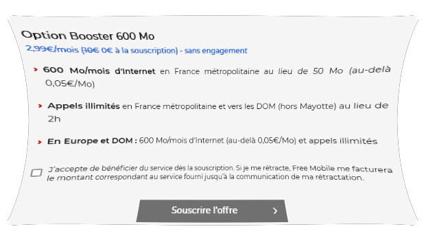 Capture d'écran de la nouvelle page de souscription à l'option Booster 600 Mo sans frais d'activation