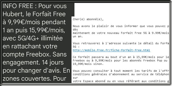Copie d'écran du changement de Forfait Mobile Free