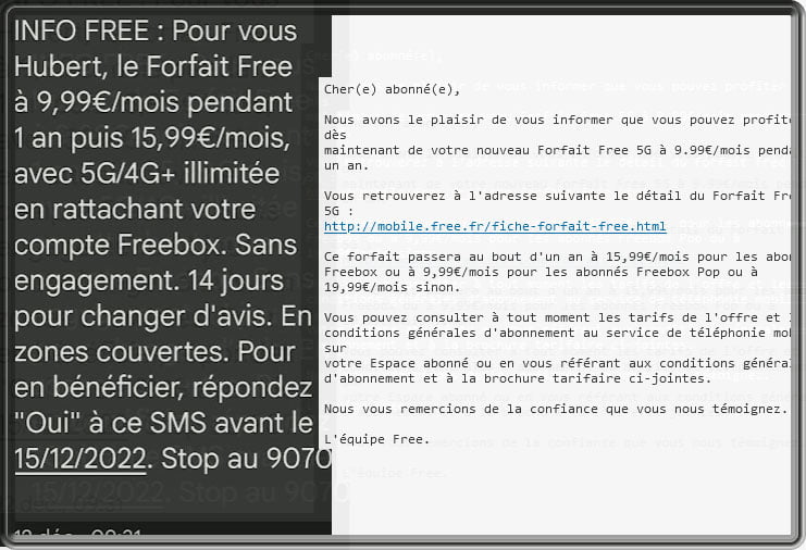 Copie d'écran du changement de Forfait Mobile Free