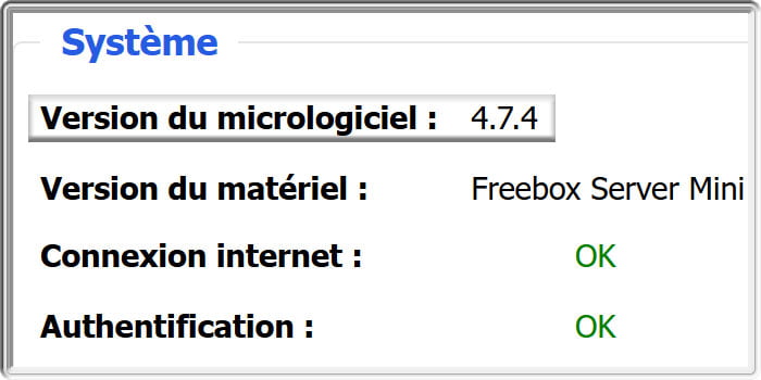 Capture d'écran sous Freebox OS de l'état d'une Freebox Mini 4K en version 4.7.4