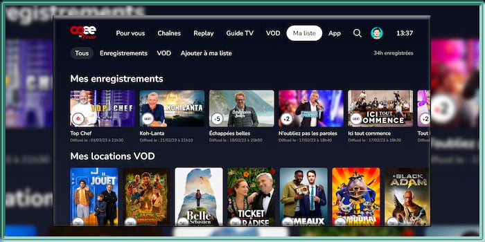 Capture d'écran de l'application Android TV OQEE en version 1.17.1