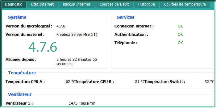 Capture d'écran sous Freebox OS de l'état d'une Freebox Mini 4K en version 4.7.6