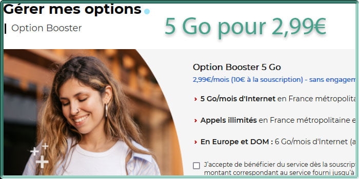 Capture d'écran de l'option Booster 5 Go de Free Mobile
