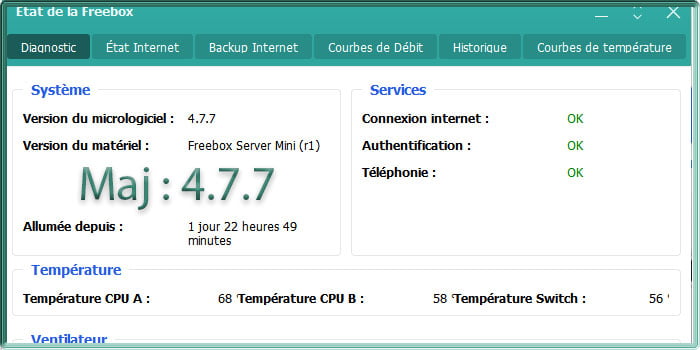 Capture d'écran sous Freebox OS de l'état d'une Freebox Mini 4K en version 4.7.7