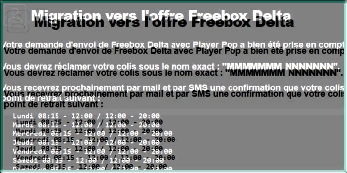 Capture d'écran du récapitulatif de migration vers la Frebox Delta Pop