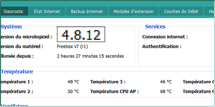 Capture d'écran sous Freebox OS de l'état d'une Freebox Delta en version 4.8.12