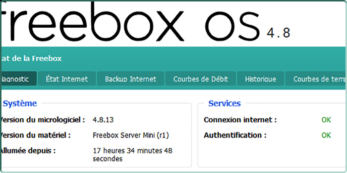 Capture d'écran sous Freebox OS de l'état d'une Freebox Mini 4K en version 4.8.13