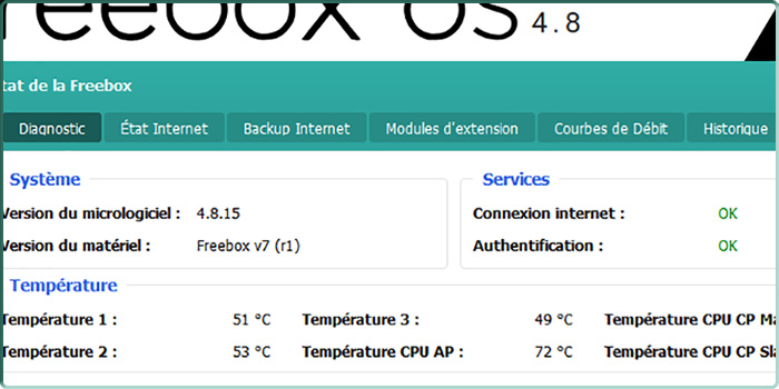 Capture d'écran sous Freebox OS de l'état d'une Freebox Delta en version 4.8.15