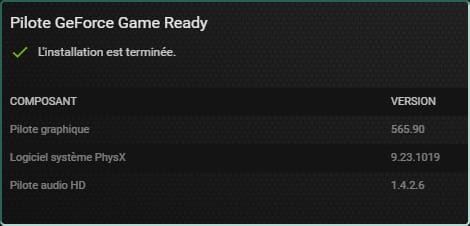 Fin d'installation du pilote GeForce Game Ready passe en version 565.90